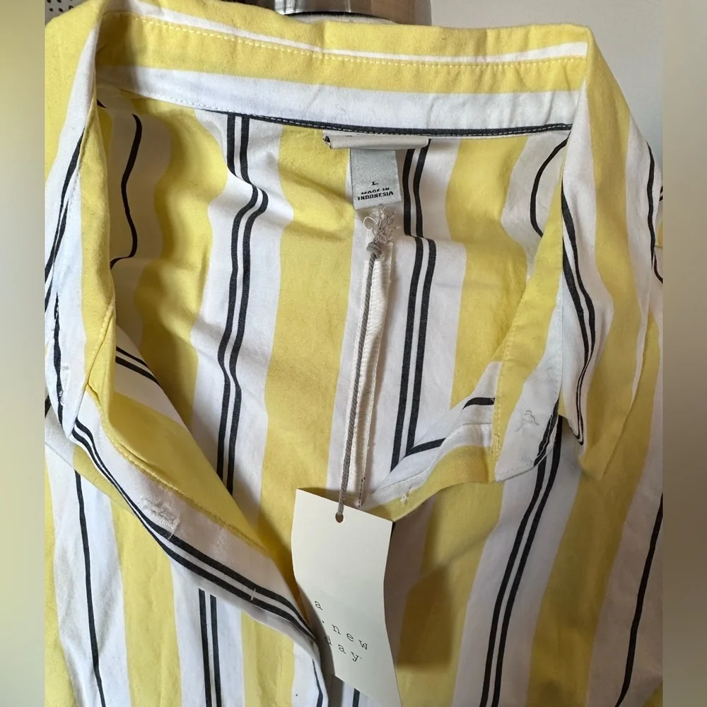 A New Day Cotton Retro Striped Cap Sleeve Button Up Shirt Dress Yellow LG NWTs - Picture 5 of 9